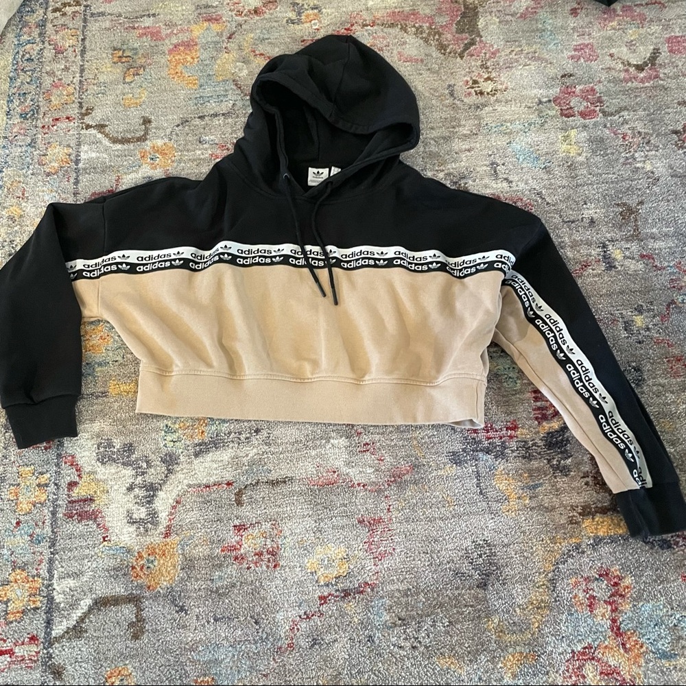 adidas Black and Tan Cropped Hoodie with Branded Tape